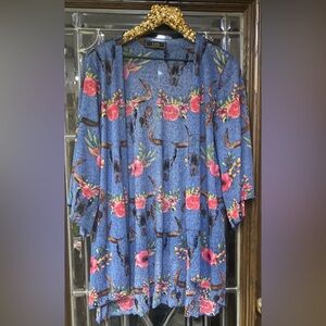 Lucky & Blessed Blue Bull Skull Floral Western Kimono – Size Small